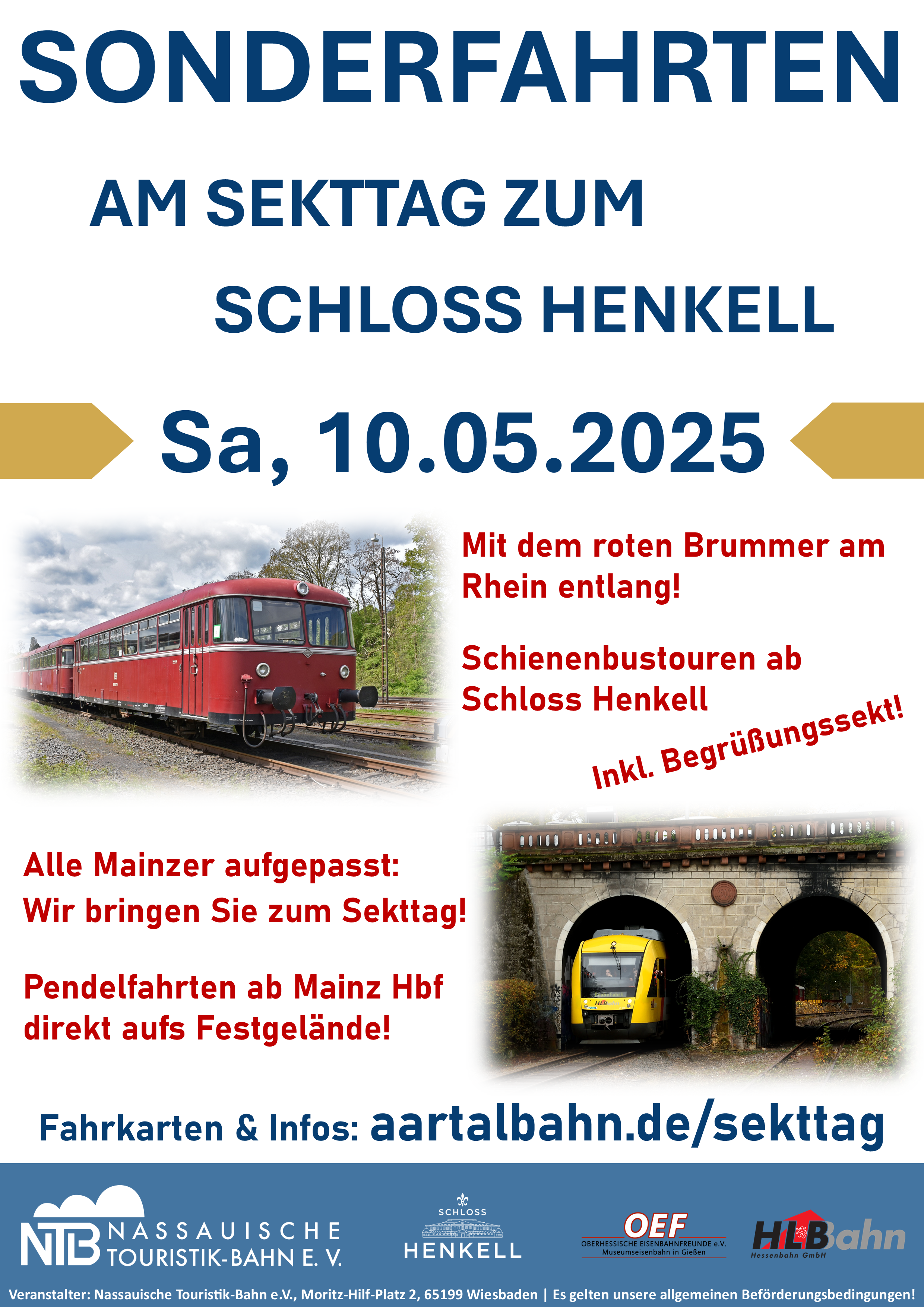 Plakat mit Werbung für die Sonderfahrten am Sekttag.